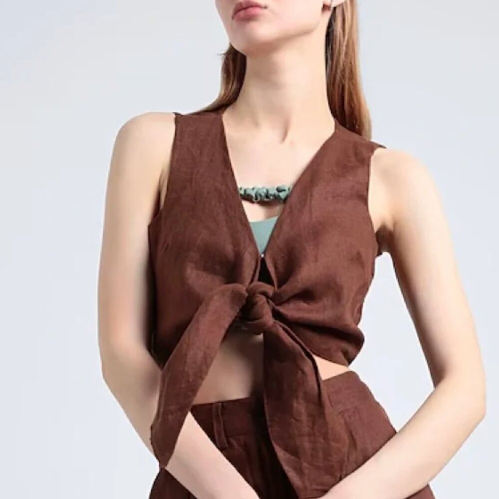 Faithfull the Brand Brown Linen Vest Shirt Dalaila Tie Top
